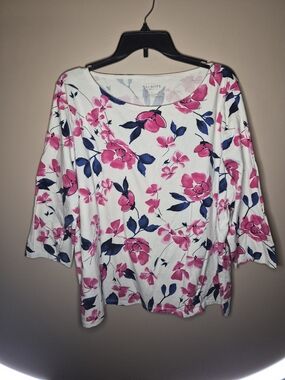 Talbots White Scoop Neck Long Sleeve Tee with Pink & Navy Floral